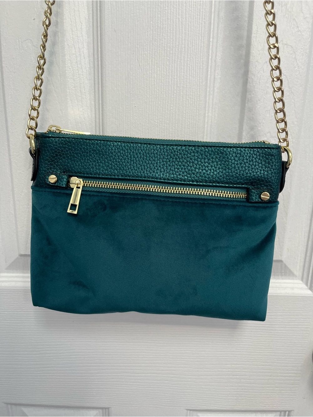 A New Day Green Teal Faux Crossbody Velvet Purse Bag Gold Chain Hardware